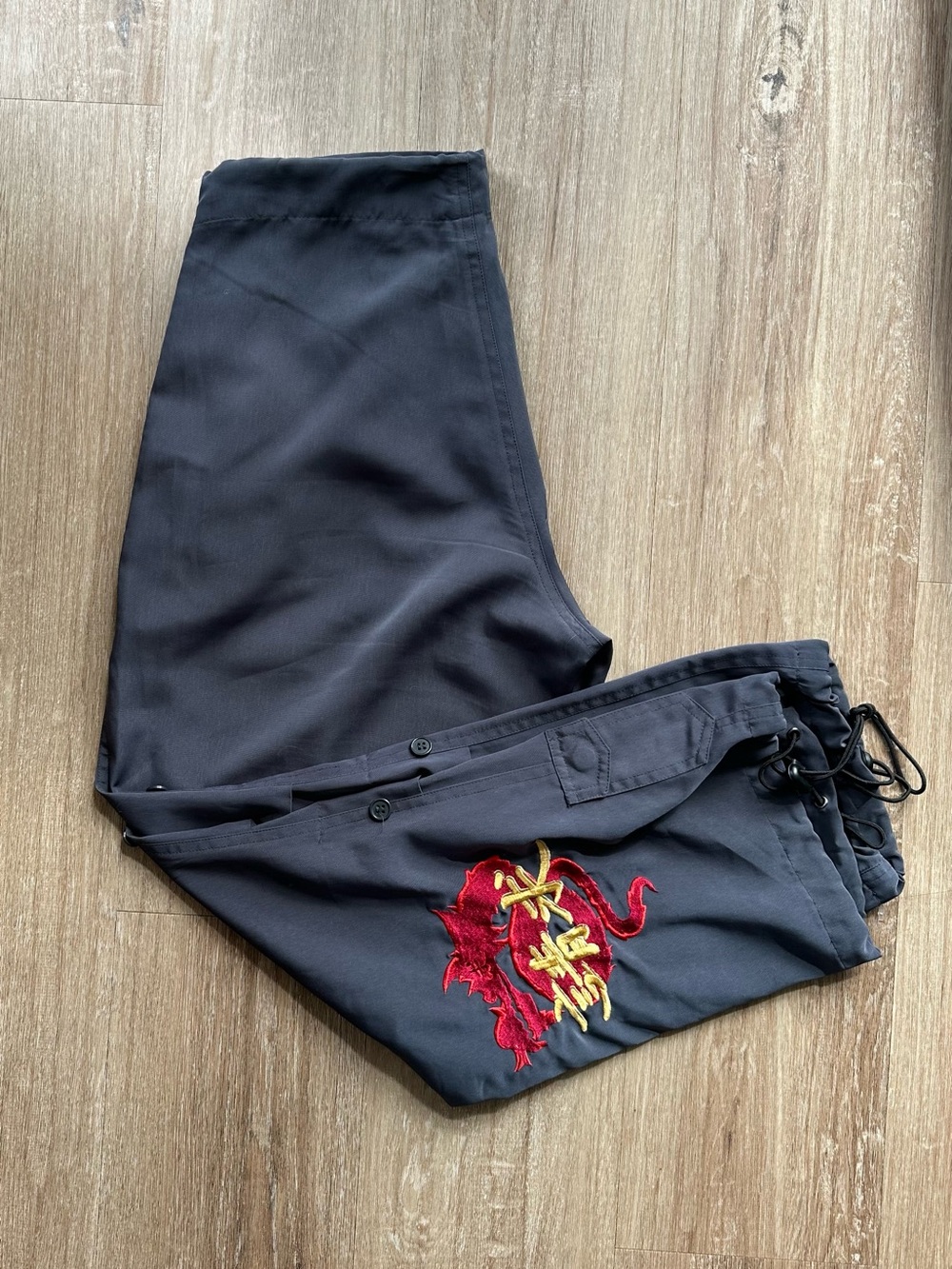 Y2K Drawstring Button Cargo Black Pants with Red Embroidered Dragon - VIBE Korea